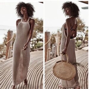 NEW Summersalt The Crochet Maxi Dress Coverup Halter Open Knit Cotton Taupe